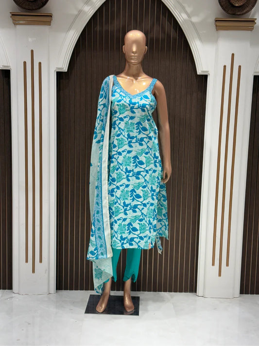 Aqua Vine Cambric Cotton Kurta Set