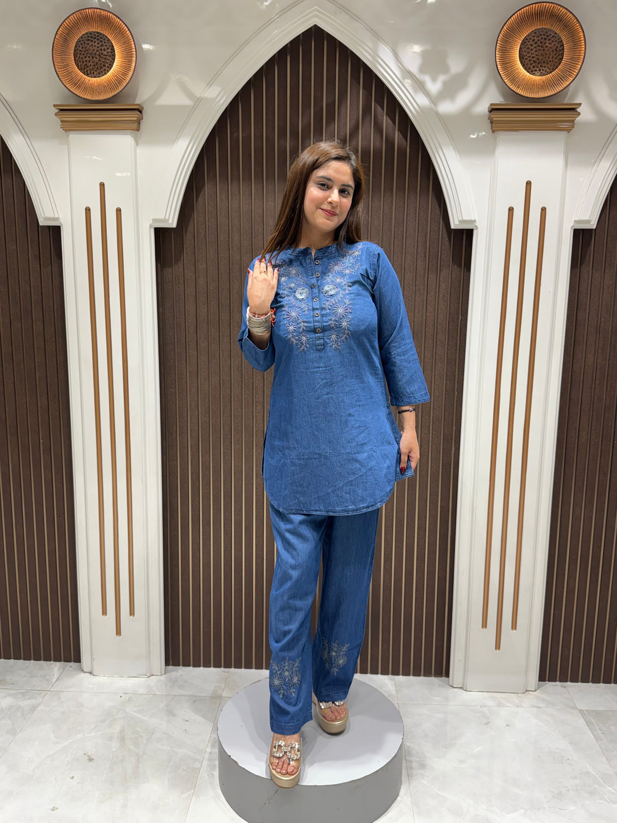 Women's denim cotton embroidered co ord set | premium casual wear