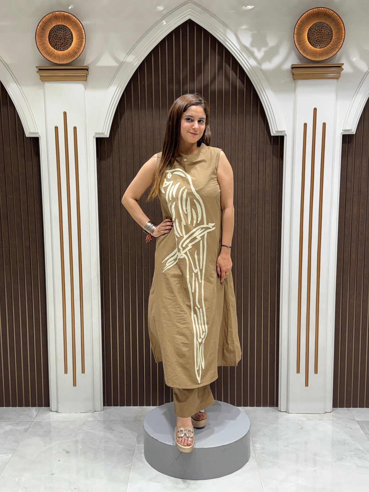Women's brown cotton printed co ord set | premium cotton kurta pant set