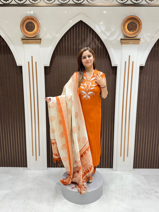 Women's Rust Orange Cotton Embroidered Straight Suit Set with Dupatta