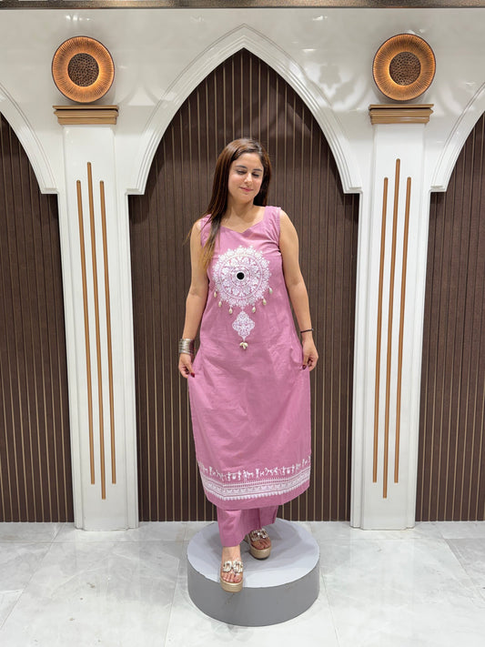 Women's Pink Cotton Embroidered Co-Ord Set | Premium Cotton Kurta Pant Set