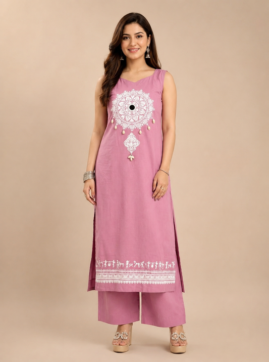 Women's Pink Cotton Embroidered Co-Ord Set | Premium Cotton Kurta Pant Set