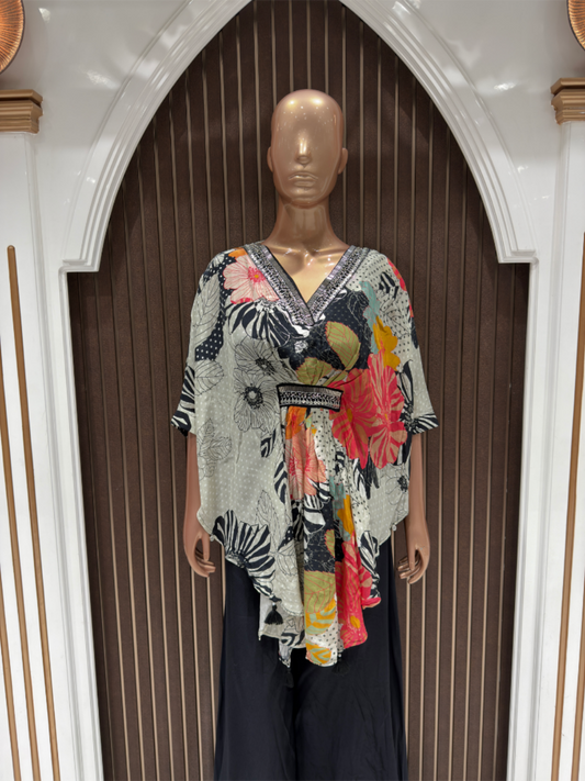 Boho Chic Floral Printed Crape Kaftan Top with Black Flared Crape Palazzo Pants