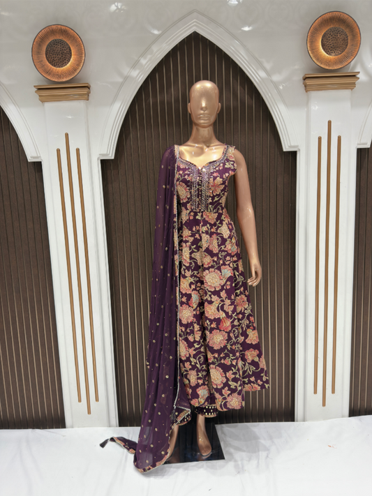 Elegant Floral Printed Riyon Anarkali Suit Set with Dupatta