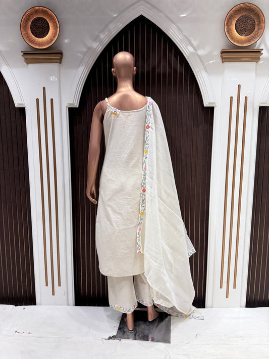 Ivory Cotton Suit Set with Colorful Floral Embroidery