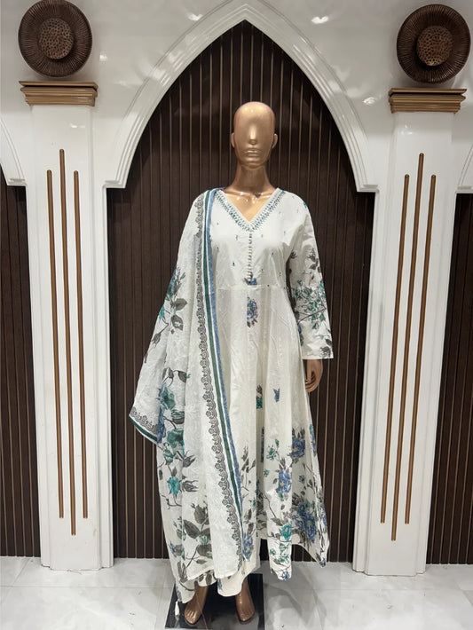 Azure Blossom Cambric Cotton Anarkali Set