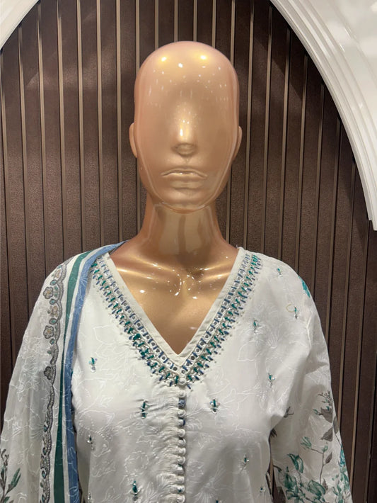 Azure Blossom Cambric Cotton Anarkali Set