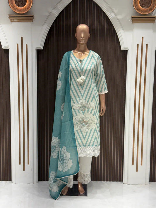 Aqua Bloom Jute Cotton Kurta Set