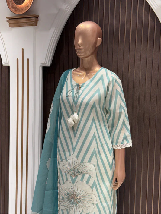 Aqua Bloom Jute Cotton Kurta Set