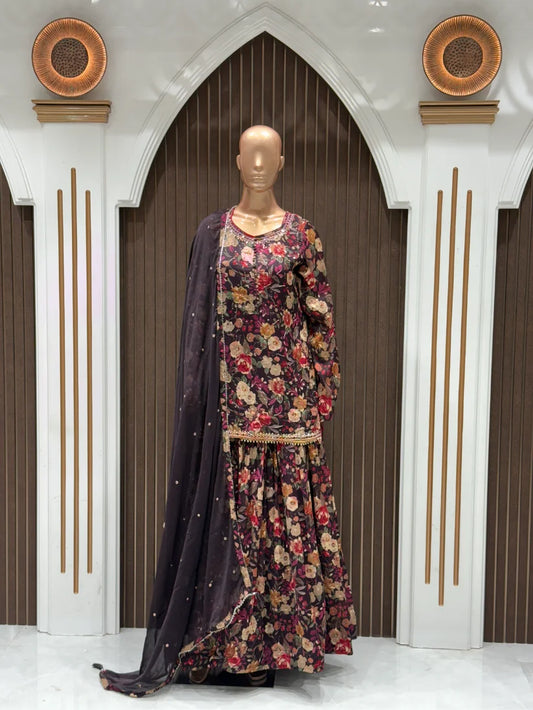 Vintage Rose Chinon Printed Shirt-Lehenga Set