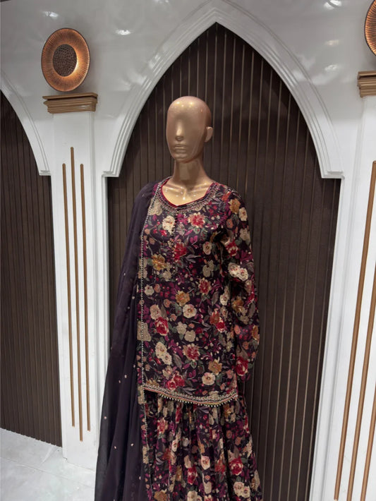 Vintage Rose Chinon Printed Shirt-Lehenga Set