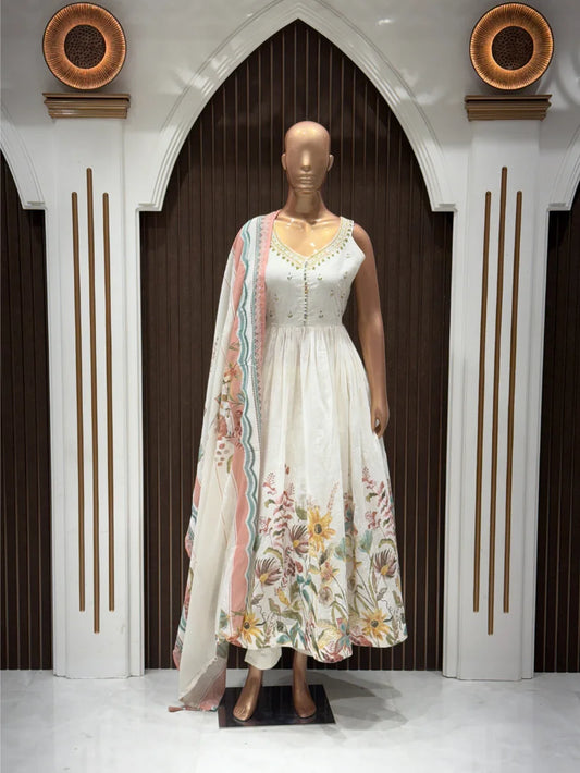 Ivory Garden Cotton Anarkali Suit Set