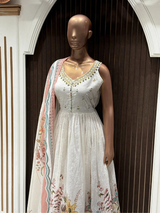 Ivory Garden Cotton Anarkali Suit Set