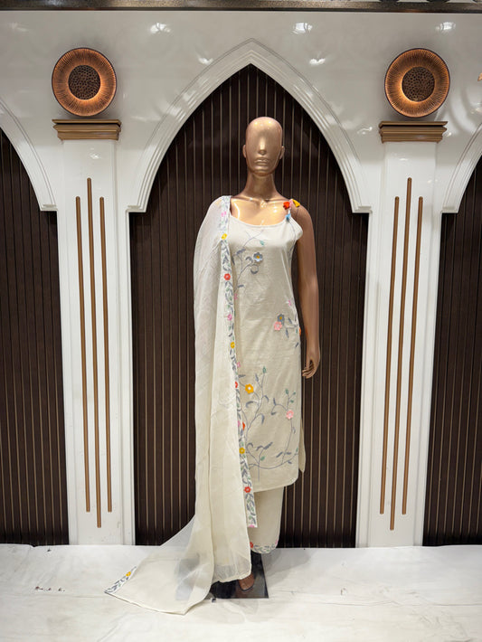 Ivory Cotton Suit Set with Colorful Floral Embroidery