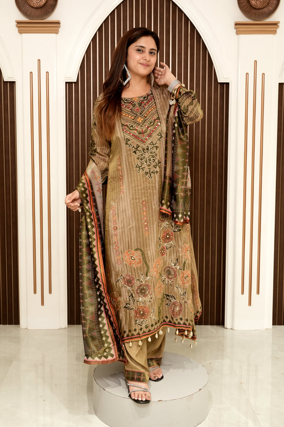 A-Line Printed Pakistani Frock Set with Pants & Designer Dupatta | Elegant Women's Ethnic Wear