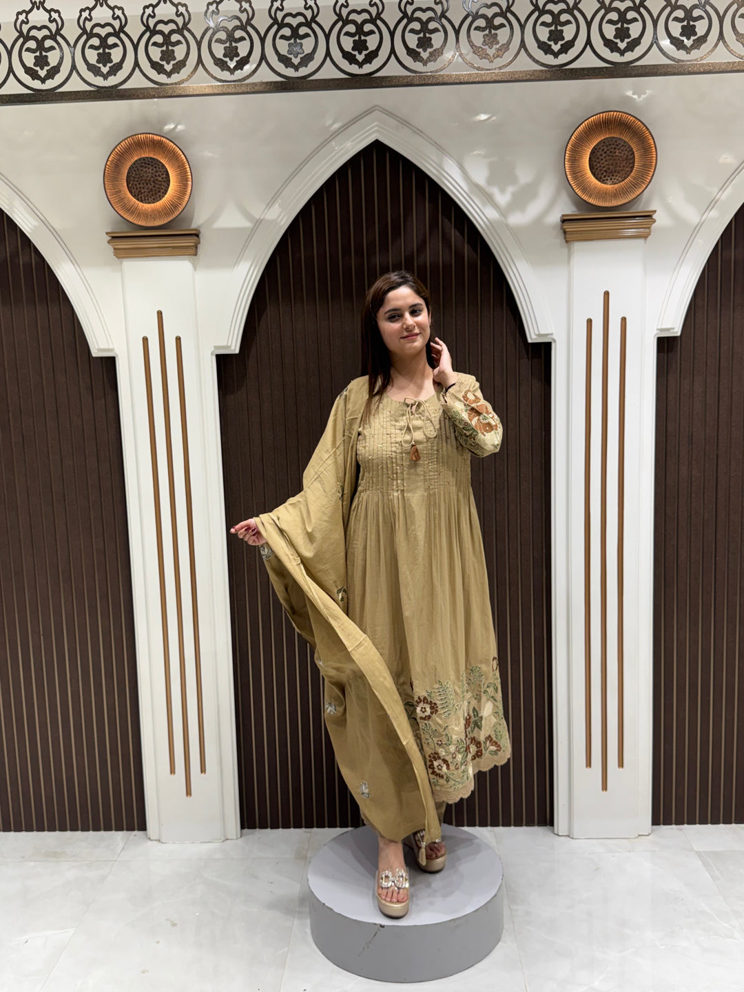 Cotton Embroidered A-Line Anarkali Suit Set for Women – Olive Beige | Premium Ethnic Wear