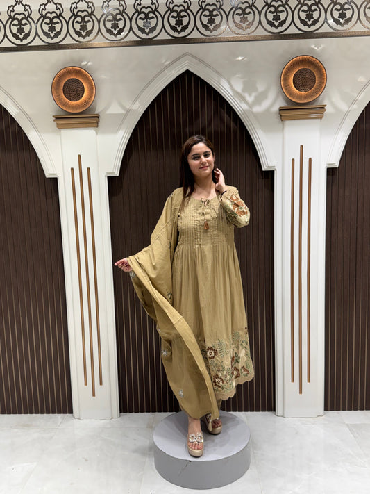 Cotton Embroidered A-Line Anarkali Suit Set for Women – Olive Beige | Premium Ethnic Wear