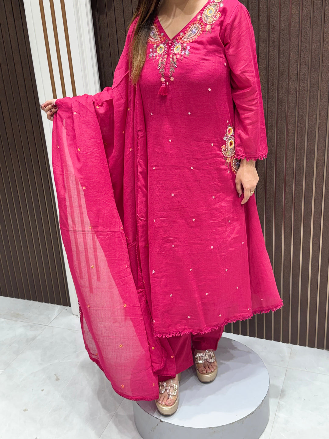 Elegant Cotton A-Line Anarkali Suit Set with Resham Embroidery