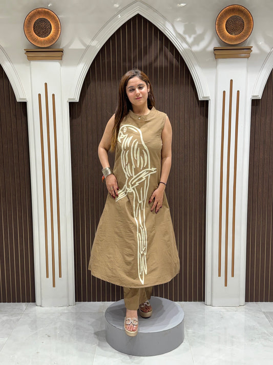 Women's Brown Cotton Printed Co-Ord Set | Premium Cotton Kurta Pant Set