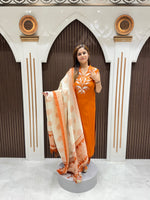 Load image into Gallery viewer, Women's Rust Orange Cotton Embroidered Straight Suit Set with Dupatta
