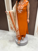 Load image into Gallery viewer, Women's Rust Orange Cotton Embroidered Straight Suit Set with Dupatta
