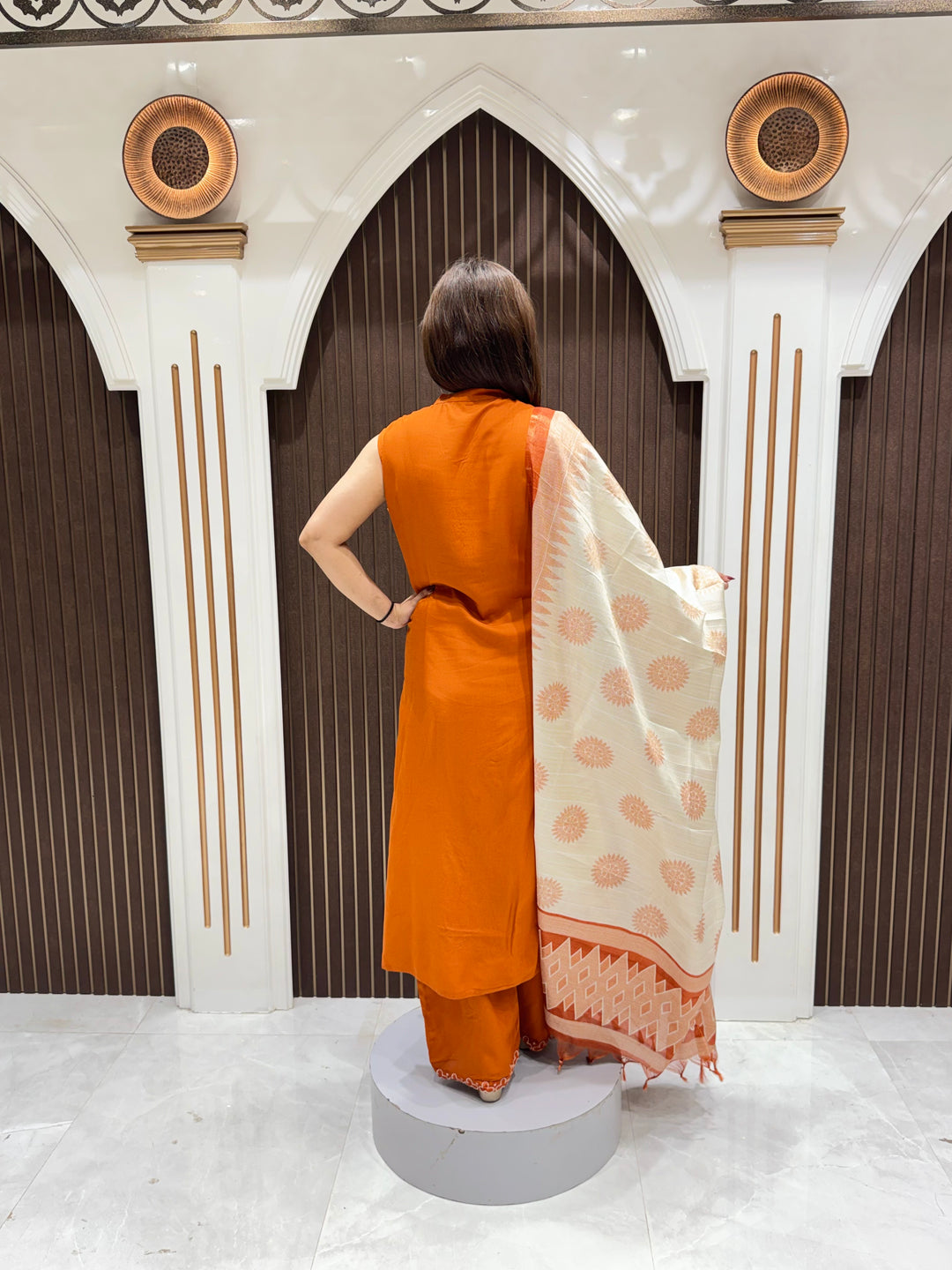 Women's Rust Orange Cotton Embroidered Straight Suit Set with Dupatta