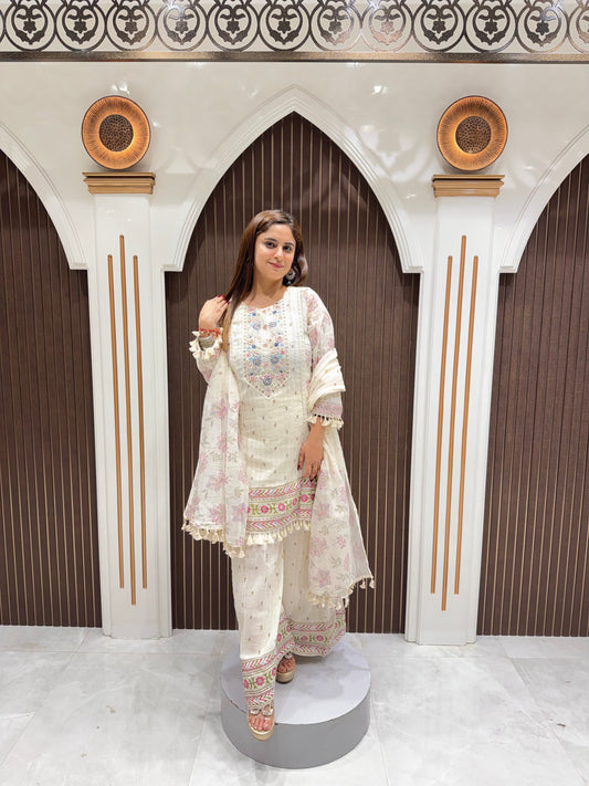 Premium Cotton Designer Suit Set with Printed Dupatta – Ivory White | Elegant Women's Ethnic Wear
