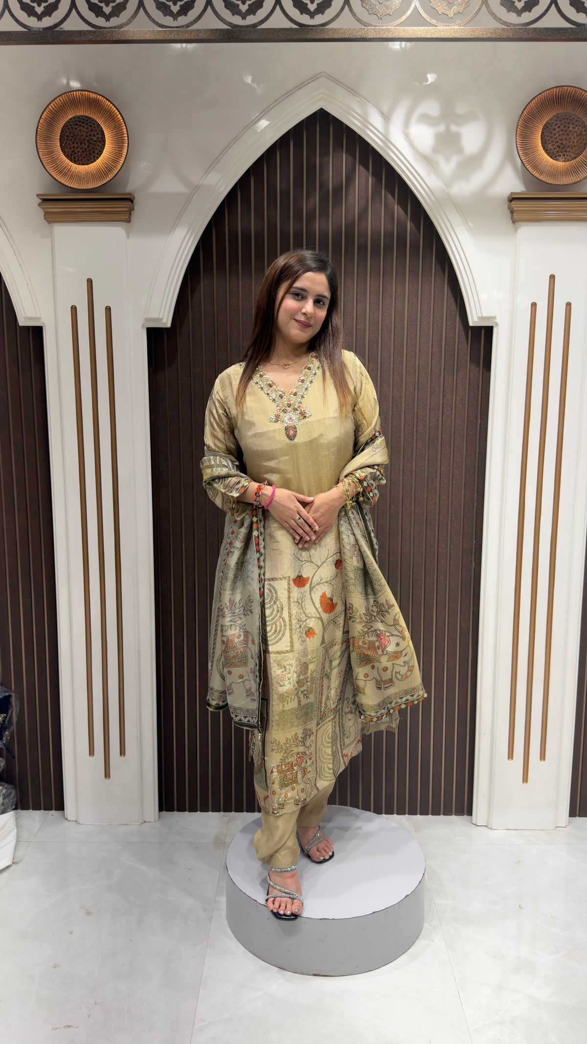 Printed shimmer fabric suit with stylish work | elegant women's ethnic wear