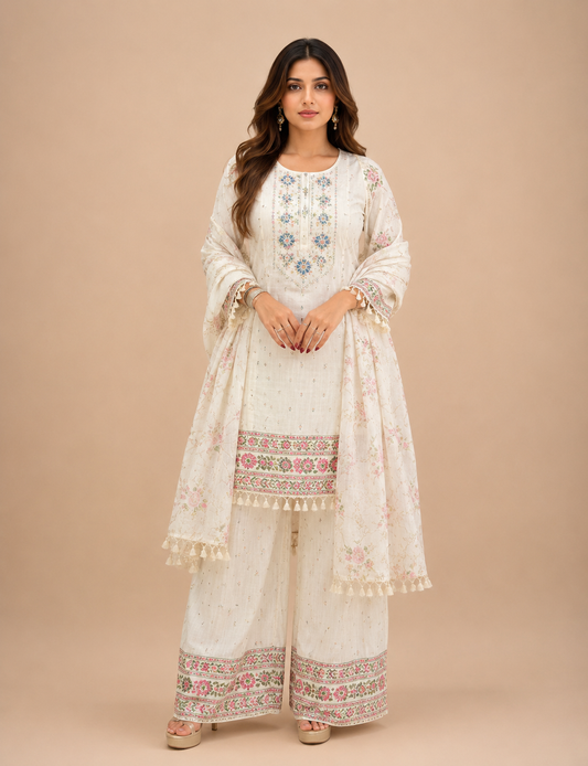 Premium Cotton Designer Suit Set with Printed Dupatta – Ivory White | Elegant Women's Ethnic Wear