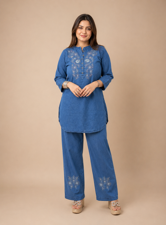Women's Denim Cotton Embroidered Co-Ord Set | Premium Casual Wear