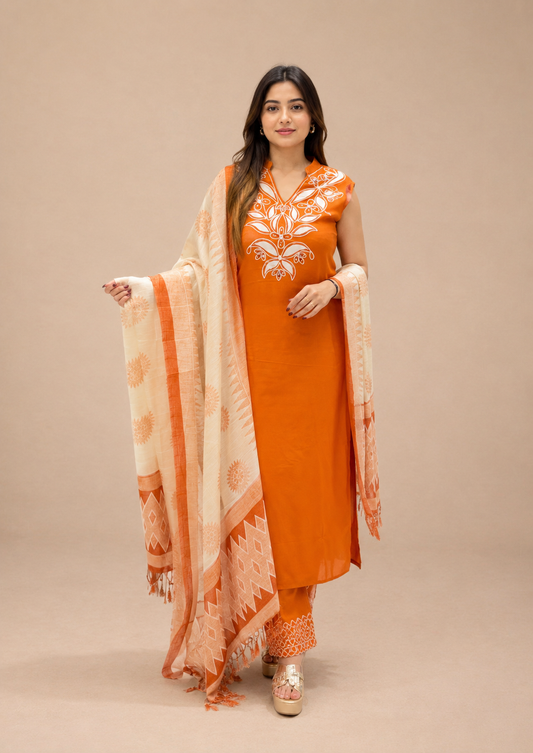 Women's Rust Orange Cotton Embroidered Straight Suit Set with Dupatta