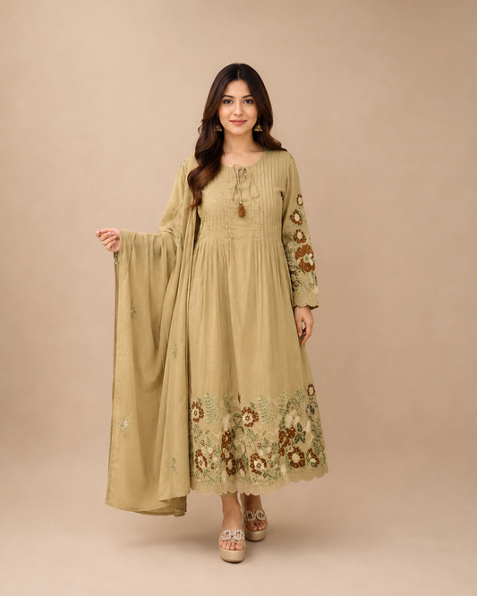 Cotton Embroidered A-Line Anarkali Suit Set for Women – Olive Beige | Premium Ethnic Wear