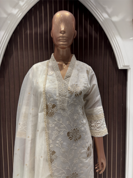 Elegant Off-White Chanderi Silk Embroidered Salwar Suit Set