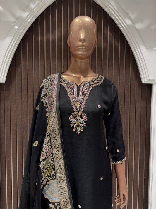 Elegant Black Dola Silk Embroidered Suit Set with Dupatta