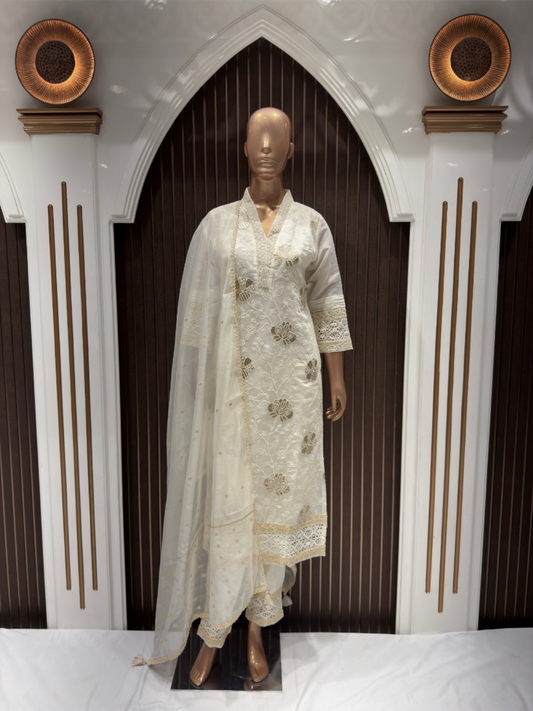 Elegant Off-White Chanderi Silk Embroidered Salwar Suit Set