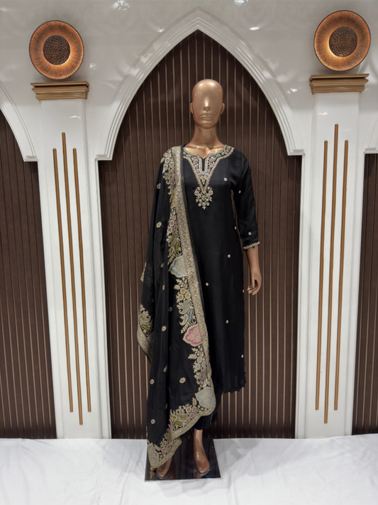 Elegant Black Dola Silk Embroidered Suit Set with Dupatta