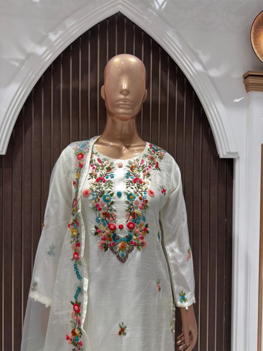 Elegant White Dola Silk Floral Embroidered Suit Set with Dupatta