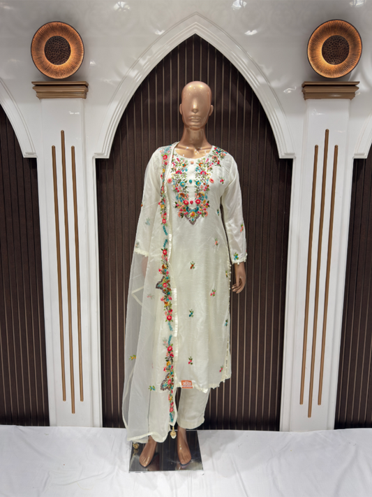 Elegant White Dola Silk Floral Embroidered Suit Set with Dupatta