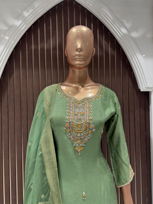 Graceful Green Dola Silk Embroidered Suit Set with Dupatta