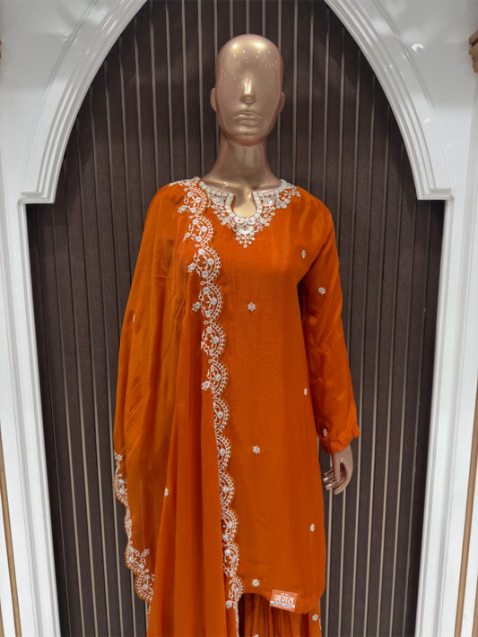 Vibrant Orange Chinnon Embroidered Sharara Suit Set with Dupatta