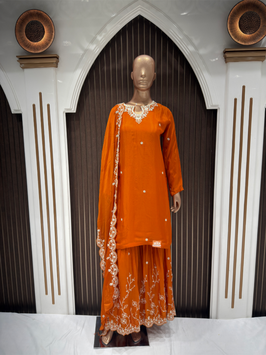 Vibrant Orange Chinnon Embroidered Sharara Suit Set with Dupatta
