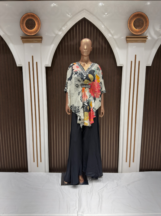 Boho Chic Floral Printed Crape Kaftan Top with Black Flared Crape Palazzo Pants