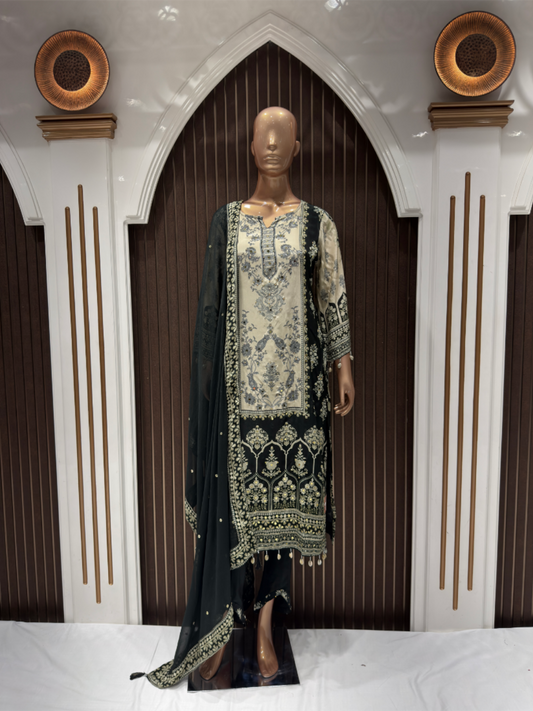 Elegant Black & Beige Embroidered Crape Suit Set with Dupatta