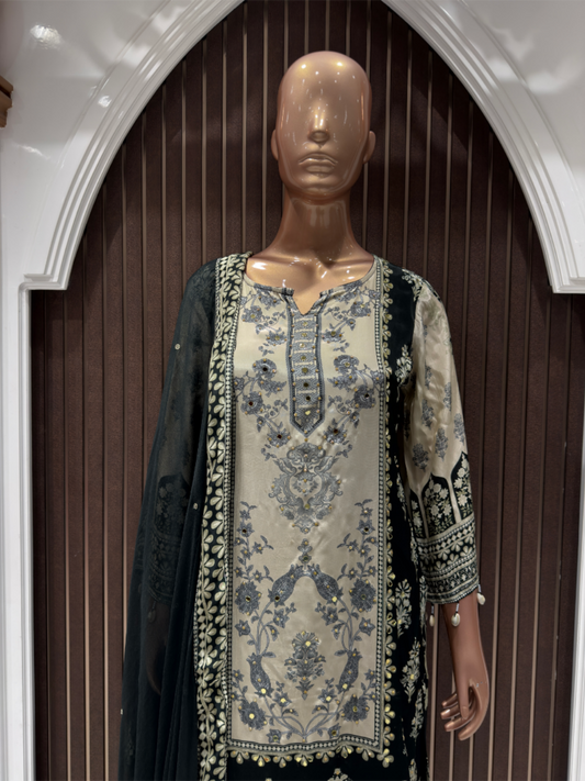 Elegant Black & Beige Embroidered Crape Suit Set with Dupatta