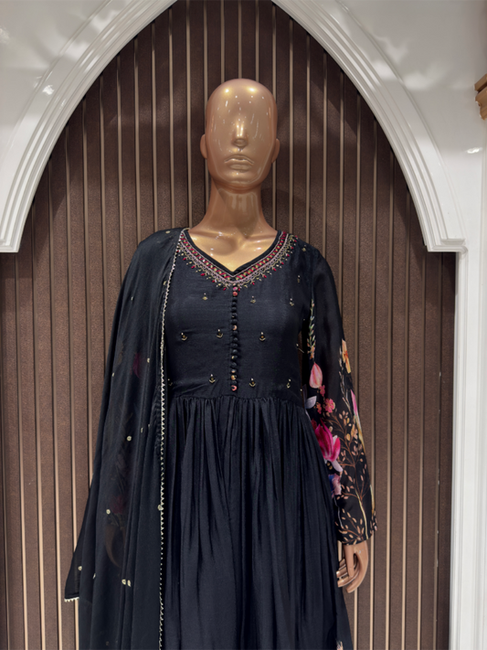 Premium Black Chinon Anarkali Suit with Floral Print & Dupatta – Elegant Festive Wear