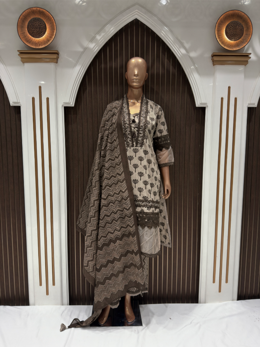 Elegant Cotton Embroidered Kurta Set for Women – Beige & Brown Floral Design