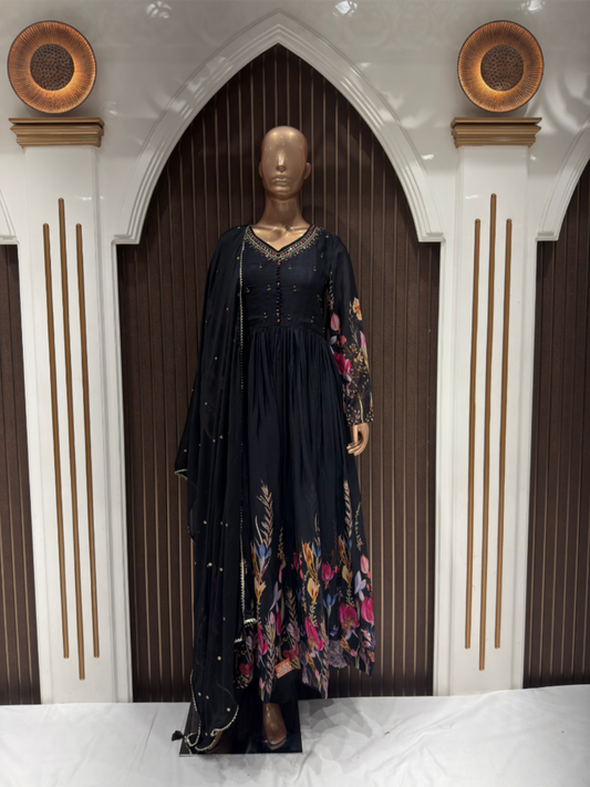 Premium Black Chinon Anarkali Suit with Floral Print & Dupatta – Elegant Festive Wear