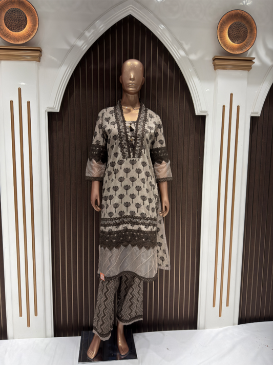 Elegant Cotton Embroidered Kurta Set for Women – Beige & Brown Floral Design