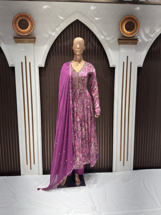 Elegant Floral Chinon Anarkali Suit