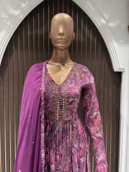 Elegant Floral Chinon Anarkali Suit